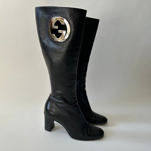 GUCCI BY TOM FORD GG INTERLOCKING BLACK LEATHER BOOTS - Picture 4 of 10